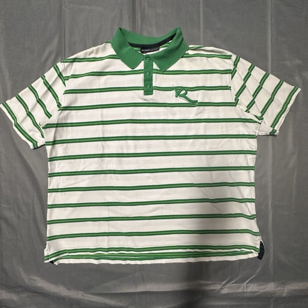 Vintage Rocawear Shirt Mens 3XL Green Striped Polo Hip Hop Y2K Embroidery Logo